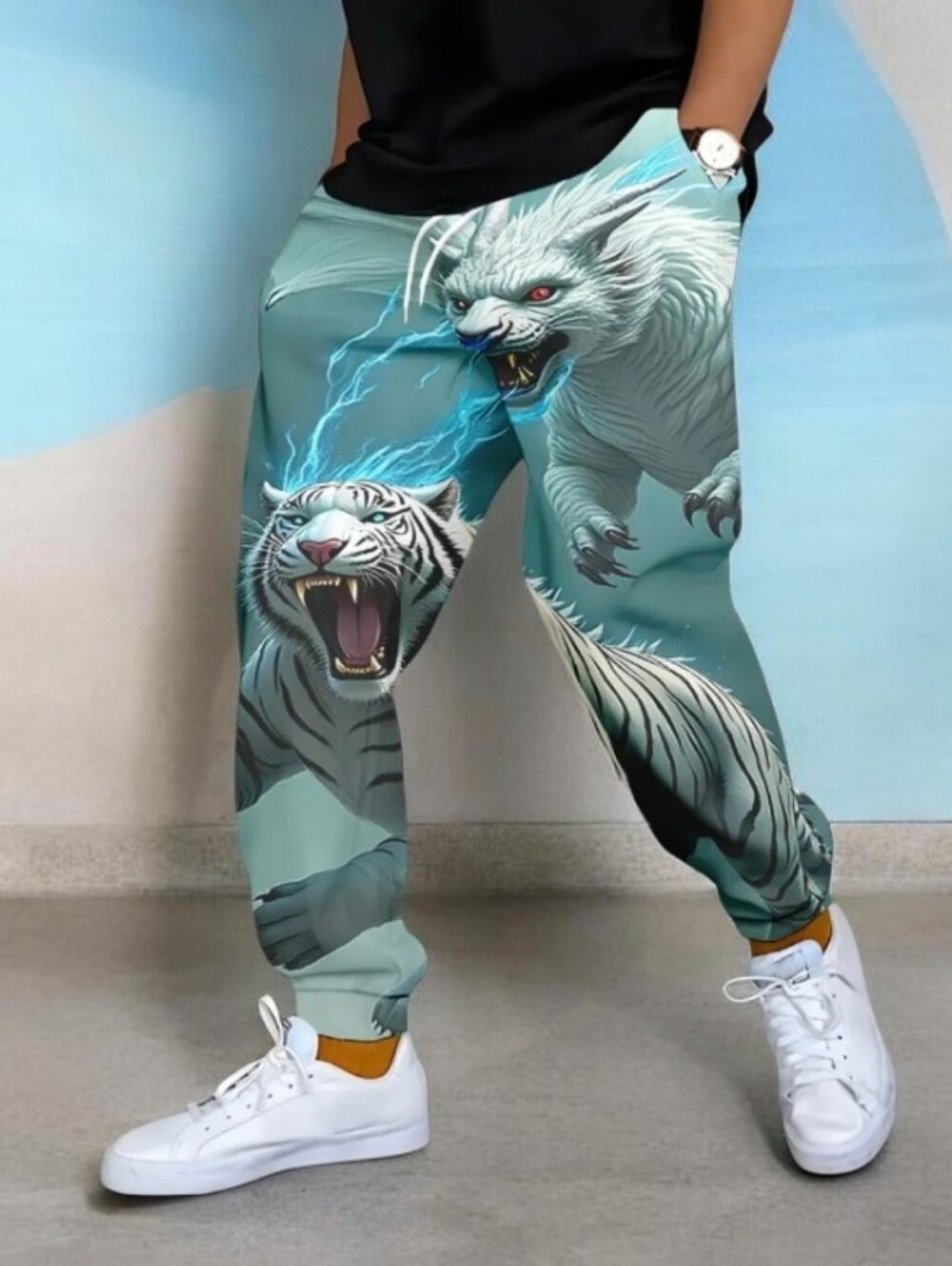 Men's Teal Graphic Jogger Pants with White Tiger and Wolf Print